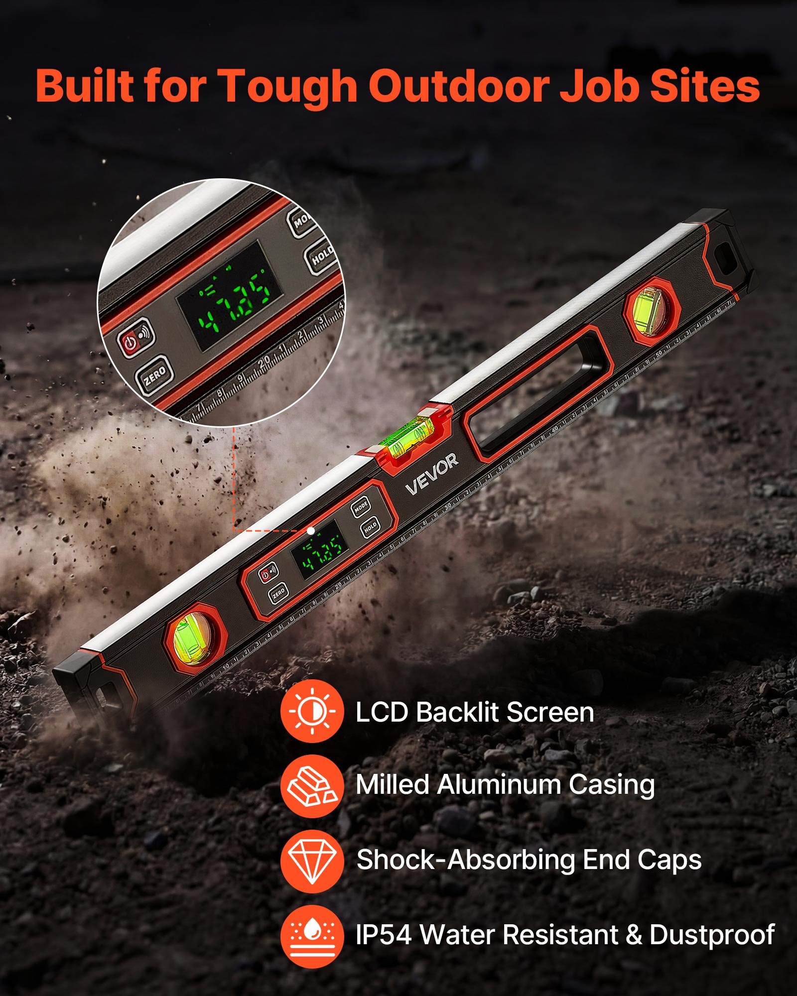 VEVOR Nivel Digital de Aluminio 600 mm, Nivel Electrónico Magnético con Burbujas de 0°/45°/90°, Pantalla LED Retroiluminada, 4 Unidades de Medida, Bolsa para Construcción Bricolaje Hogar Carpintería