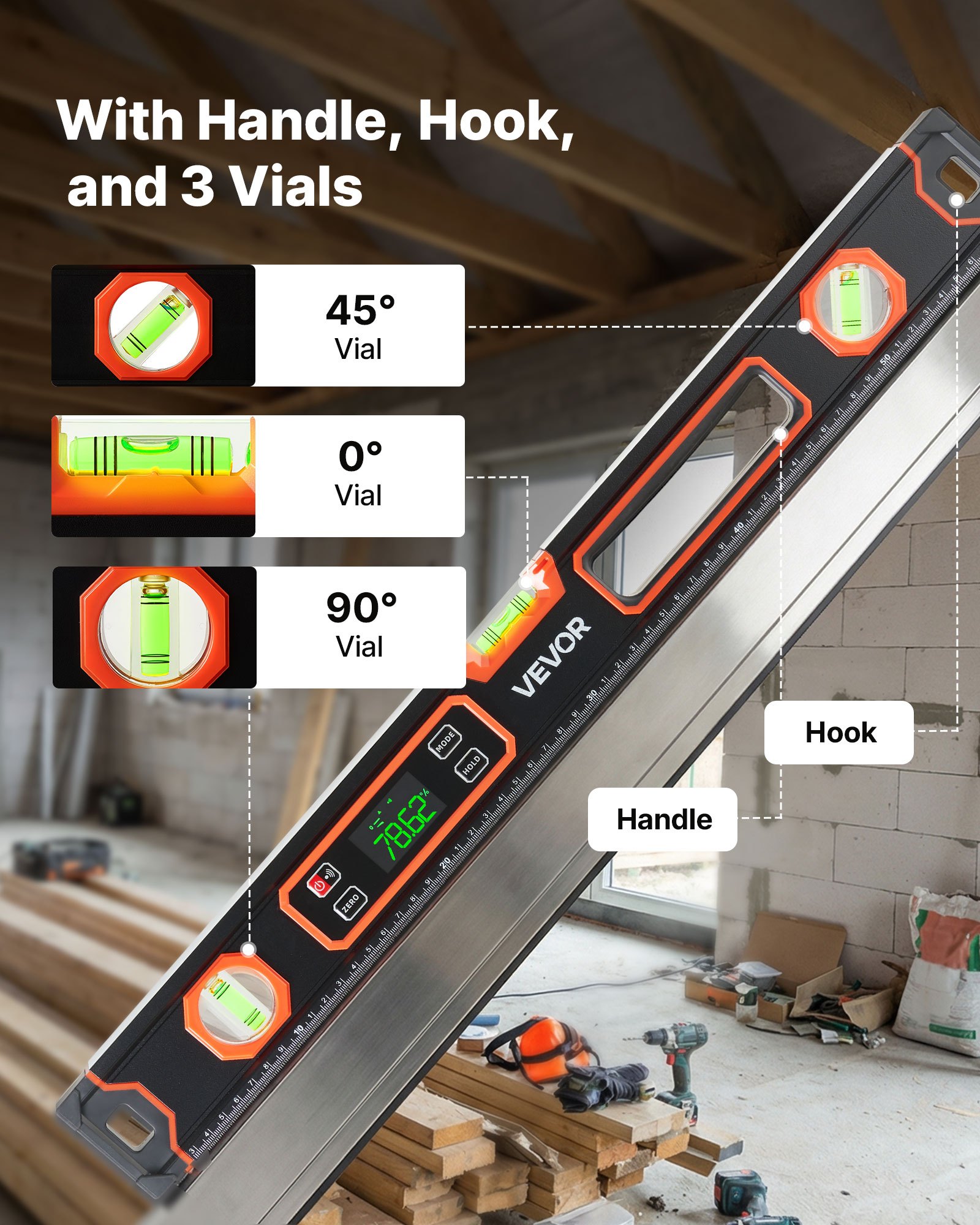 VEVOR Nivel Digital de Aluminio 600 mm, Nivel Electrónico Magnético con Burbujas de 0°/45°/90°, Pantalla LED Retroiluminada, 4 Unidades de Medida, Bolsa para Construcción Bricolaje Hogar Carpintería