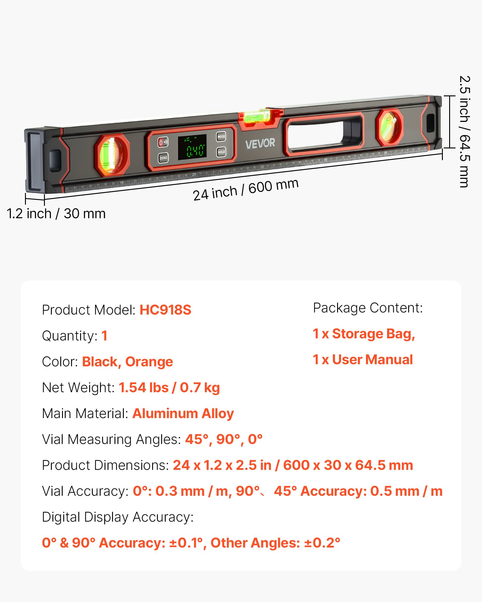 VEVOR Nivel Digital de Aluminio 600 mm, Nivel Electrónico Magnético con Burbujas de 0°/45°/90°, Pantalla LED Retroiluminada, 4 Unidades de Medida, Bolsa para Construcción Bricolaje Hogar Carpintería