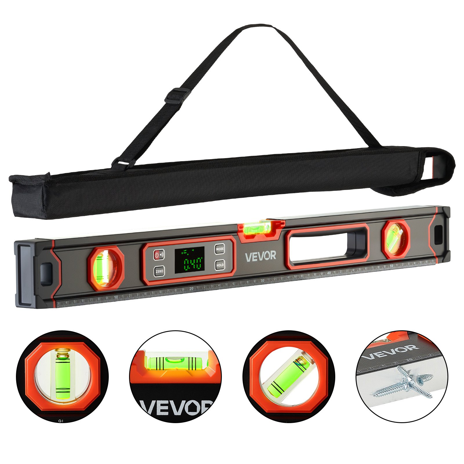 VEVOR Nivel Digital de Aluminio 600 mm, Nivel Electrónico Magnético con Burbujas de 0°/45°/90°, Pantalla LED Retroiluminada, 4 Unidades de Medida, Bolsa para Construcción Bricolaje Hogar Carpintería