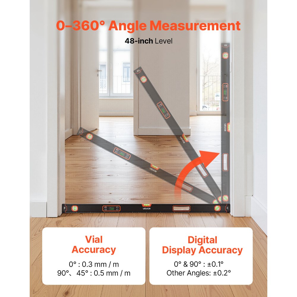 VEVOR Nivel Digital de Aluminio 1200 mm, Nivel Electrónico Magnético con Burbujas de 0°/45°/90°, Pantalla LED Retroiluminada, 4 Unidades de Medida, Bolsa para Construcción Carpintería Bricolaje Hogar