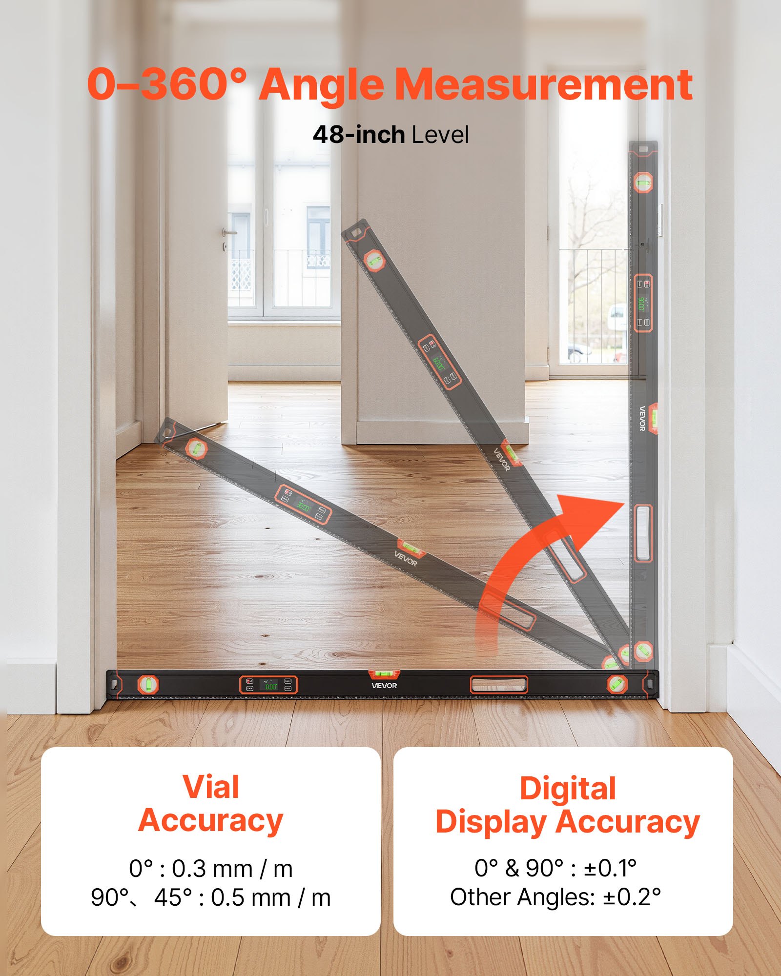 VEVOR Nivel Digital de Aluminio 1200 mm, Nivel Electrónico Magnético con Burbujas de 0°/45°/90°, Pantalla LED Retroiluminada, 4 Unidades de Medida, Bolsa para Construcción Carpintería Bricolaje Hogar