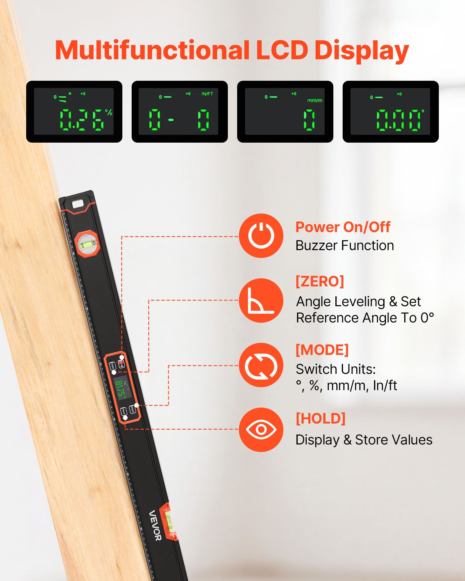 VEVOR Nivel Digital de Aluminio 1200 mm, Nivel Electrónico Magnético con Burbujas de 0°/45°/90°, Pantalla LED Retroiluminada, 4 Unidades de Medida, Bolsa para Construcción Carpintería Bricolaje Hogar