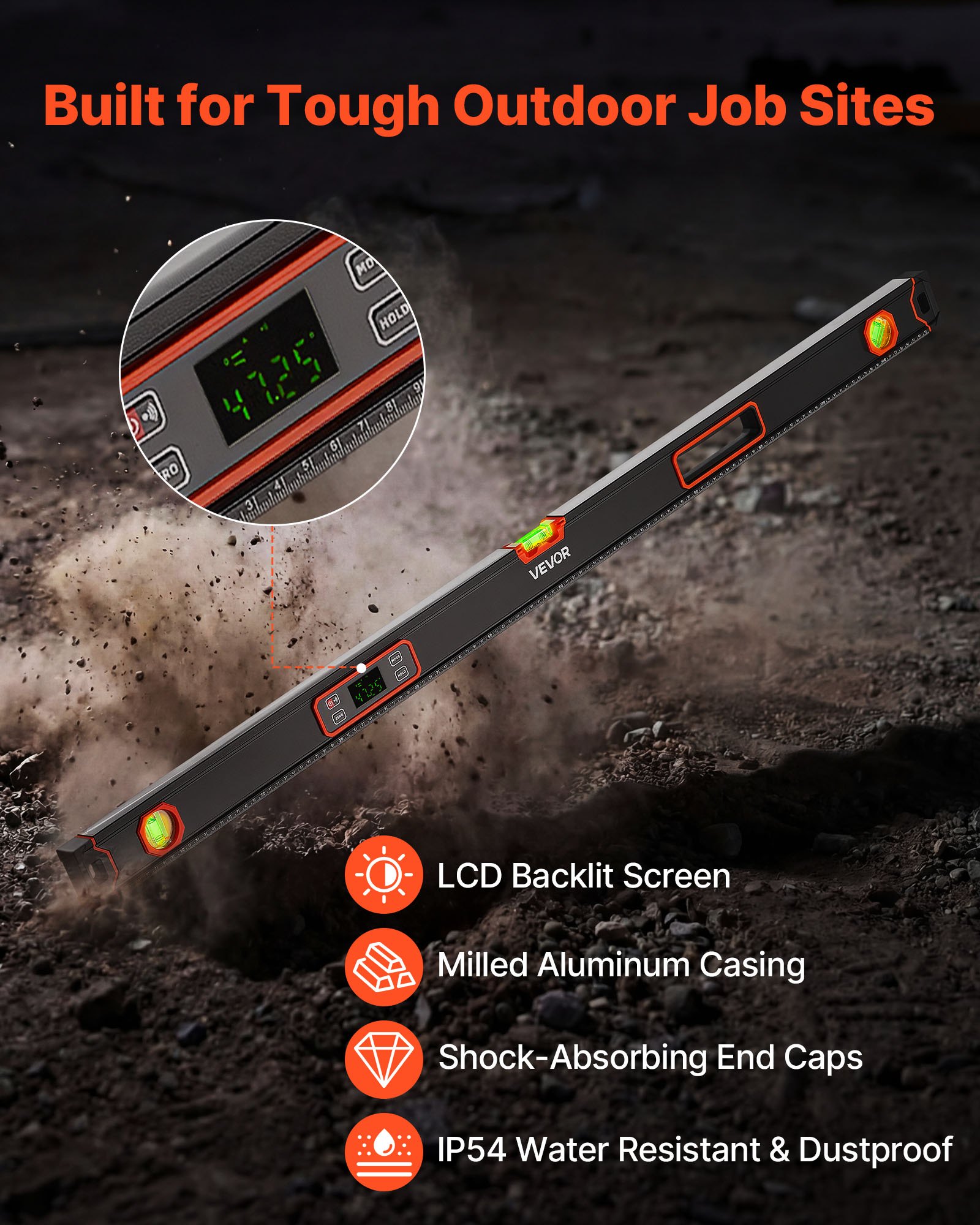 VEVOR Nivel Digital de Aluminio 1200 mm, Nivel Electrónico Magnético con Burbujas de 0°/45°/90°, Pantalla LED Retroiluminada, 4 Unidades de Medida, Bolsa para Construcción Carpintería Bricolaje Hogar