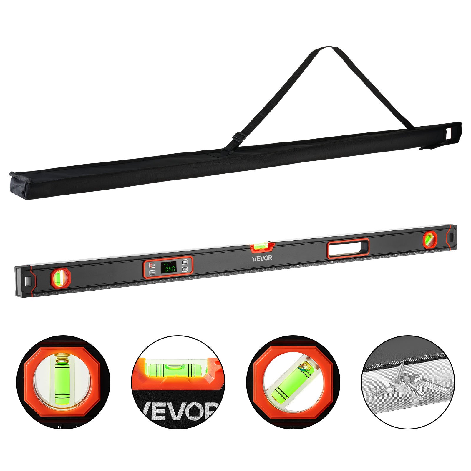 VEVOR Nivel Digital de Aluminio 1200 mm, Nivel Electrónico Magnético con Burbujas de 0°/45°/90°, Pantalla LED Retroiluminada, 4 Unidades de Medida, Bolsa para Construcción Carpintería Bricolaje Hogar