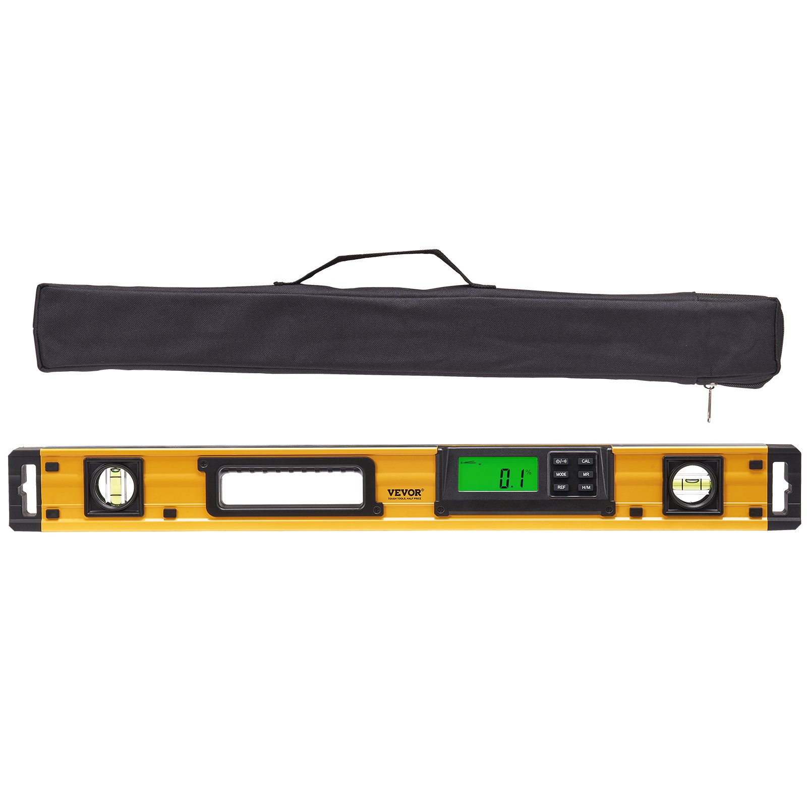 Nivel torpedo magnético VEVOR con pantalla digital y estuche de transporte.