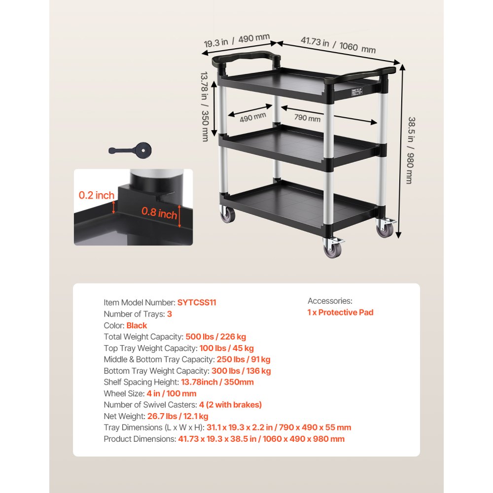 VEVOR Multi-Purpose Trolley, 226 kg Load Capacity, 3-Tier Universal Trolley Made of Plastic with 360° Swivel Wheels (2 with Brakes), 106x49x98 cm Serving Trolley for Warehouse, Office, Home, Restaurant, Kitchen
