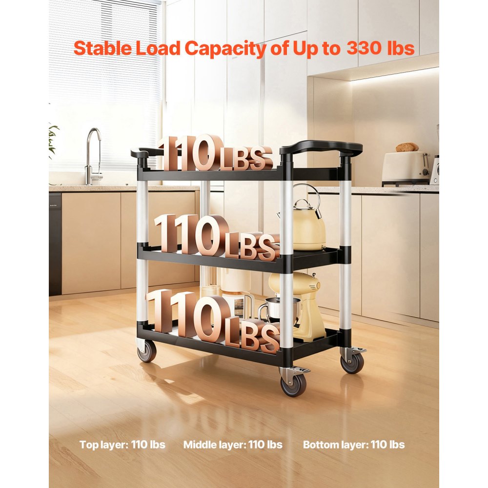 VEVOR Carrito Multiusos, Carga de 150 kg, Carrito Multiusos de Plástico 1060 x 490 x 980 mm de 3 Niveles con Ruedas Giratorias de 360° (2 con Frenos),  para Almacén, Restaurante, Cocina, Negro
