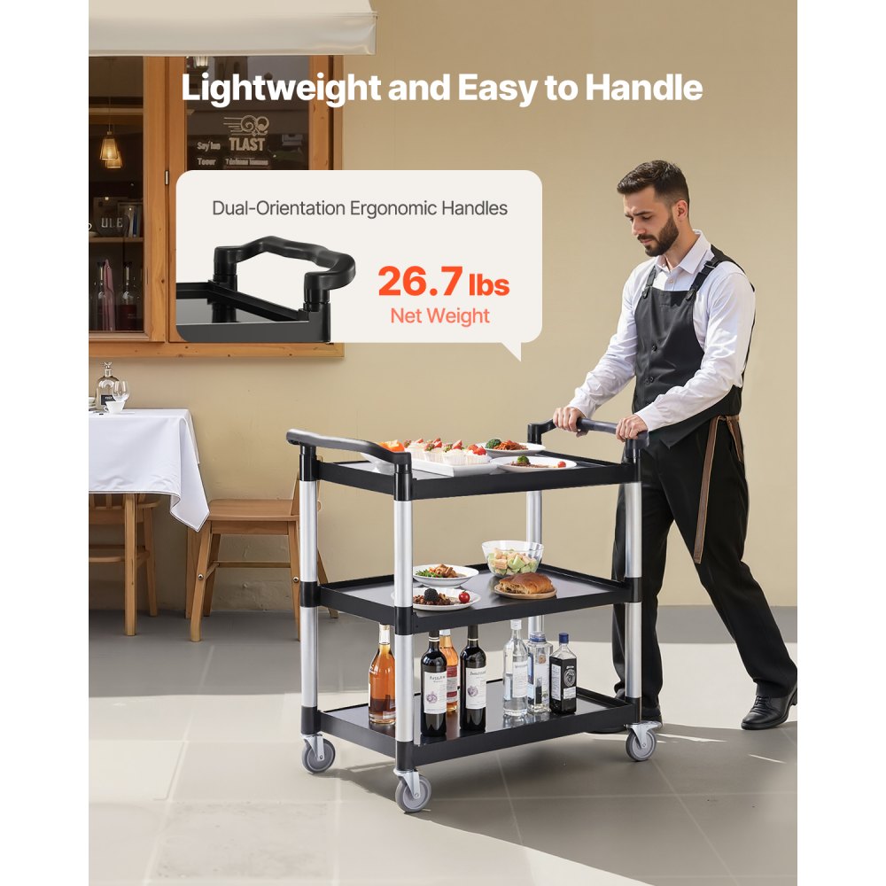 VEVOR Carrito Multiusos, Carga de 150 kg, Carrito Multiusos de Plástico 1060 x 490 x 980 mm de 3 Niveles con Ruedas Giratorias de 360° (2 con Frenos),  para Almacén, Restaurante, Cocina, Negro