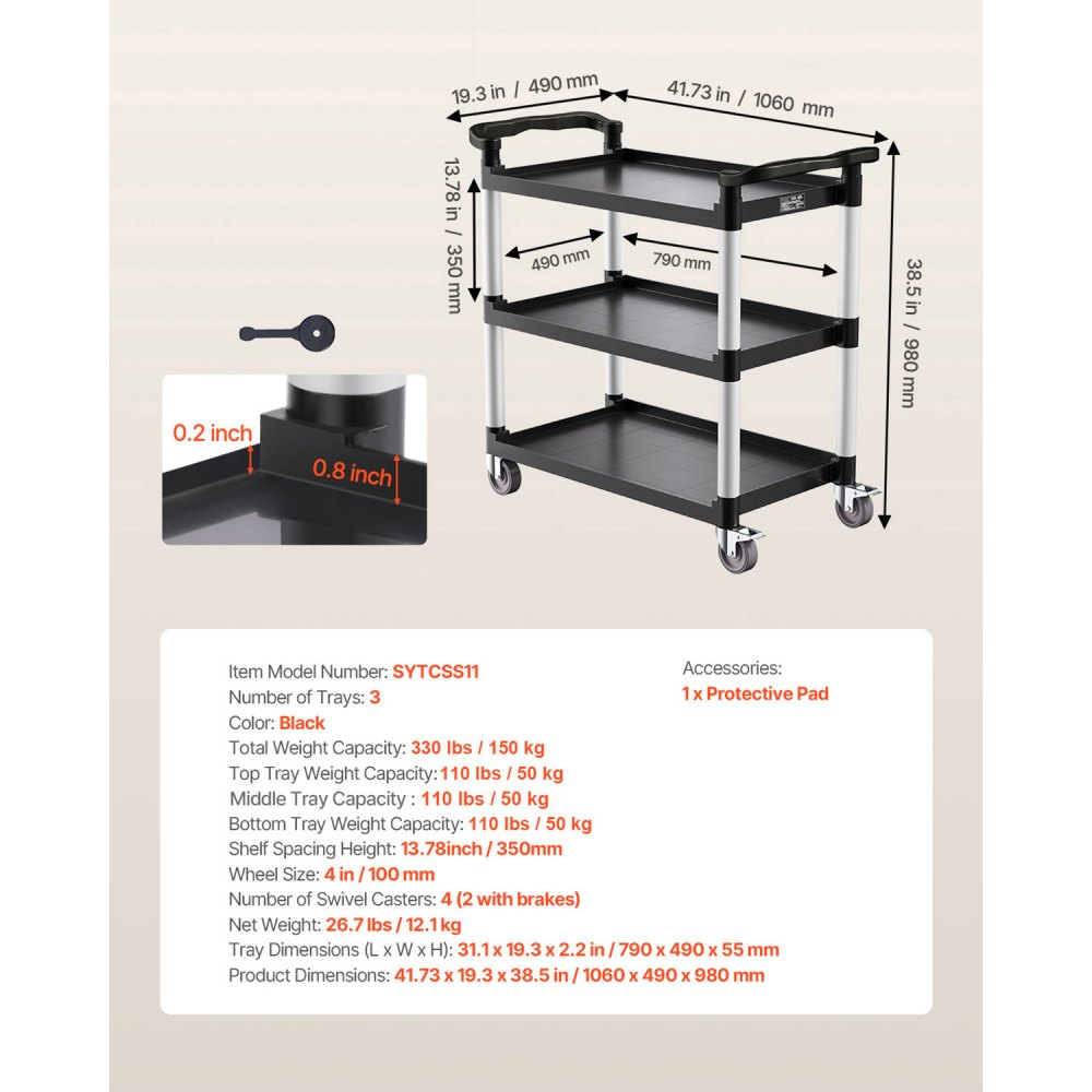 VEVOR Carrito Multiusos, Carga de 150 kg, Carrito Multiusos de Plástico 1060 x 490 x 980 mm de 3 Niveles con Ruedas Giratorias de 360° (2 con Frenos),  para Almacén, Restaurante, Cocina, Negro