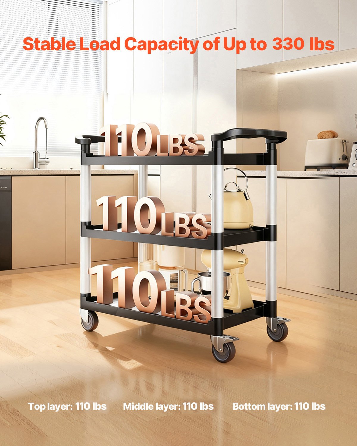 VEVOR Carrito Multiusos, Carga de 150 kg, Carrito Multiusos de Plástico 1060 x 490 x 980 mm de 3 Niveles con Ruedas Giratorias de 360° (2 con Frenos),  para Almacén, Restaurante, Cocina, Negro