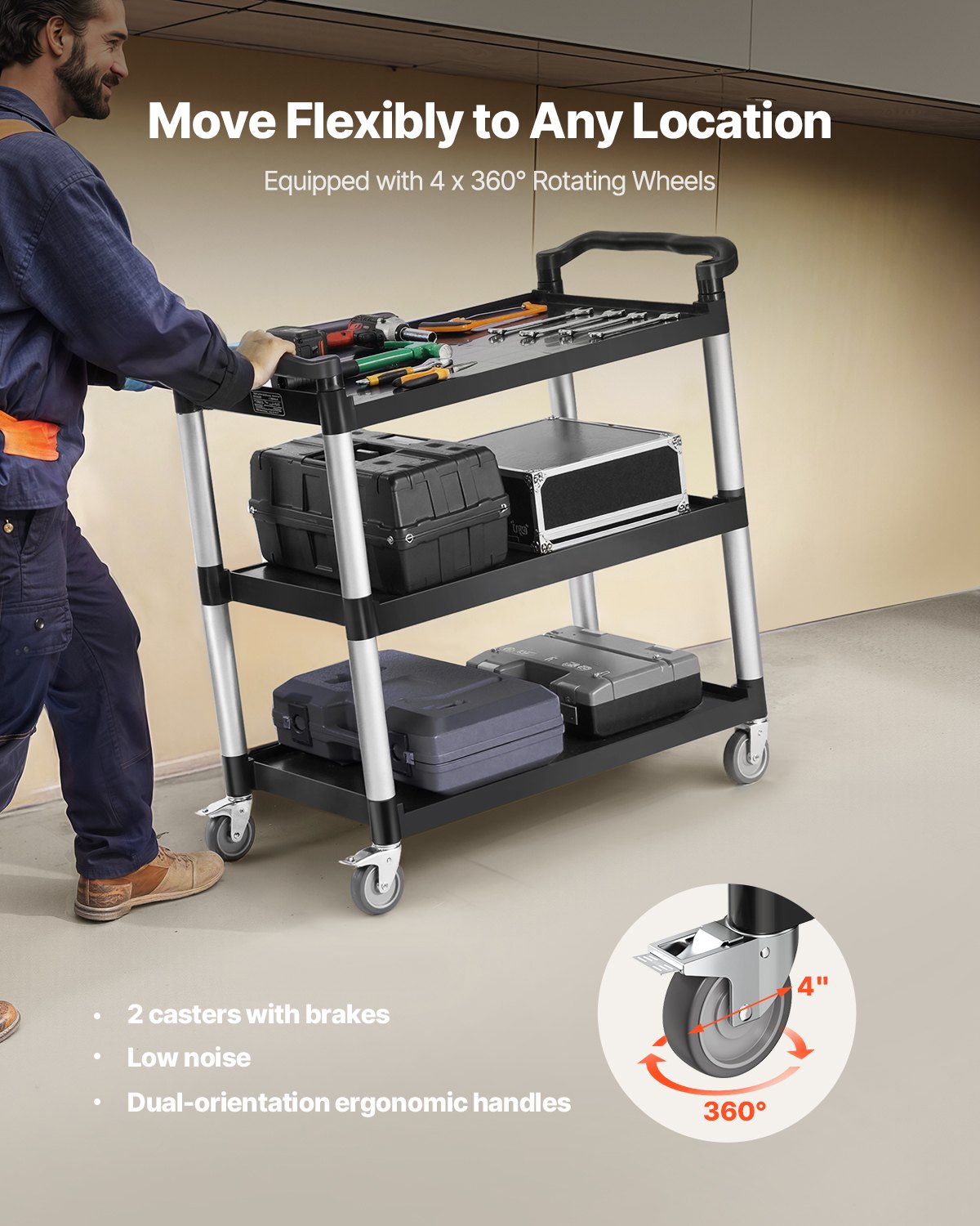 VEVOR Carrito Multiusos, Carga de 150 kg, Carrito Multiusos de Plástico 1060 x 490 x 980 mm de 3 Niveles con Ruedas Giratorias de 360° (2 con Frenos),  para Almacén, Restaurante, Cocina, Negro