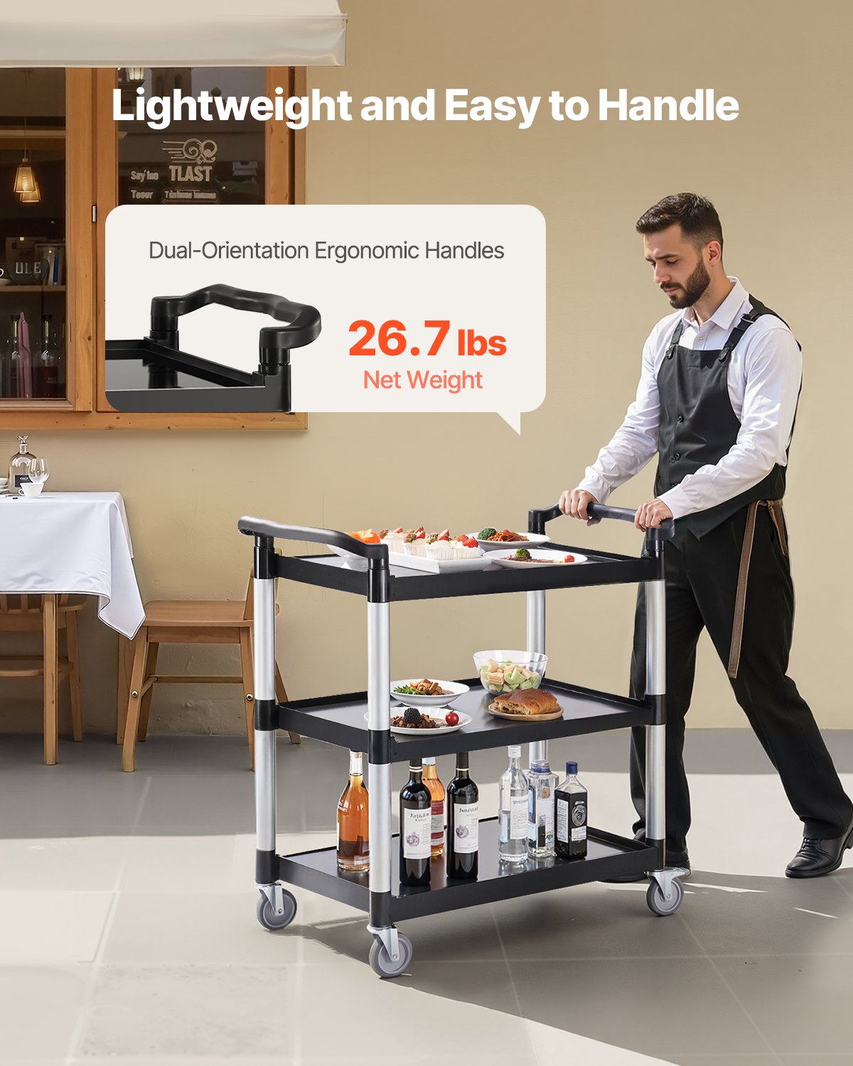VEVOR Carrito Multiusos, Carga de 150 kg, Carrito Multiusos de Plástico 1060 x 490 x 980 mm de 3 Niveles con Ruedas Giratorias de 360° (2 con Frenos),  para Almacén, Restaurante, Cocina, Negro