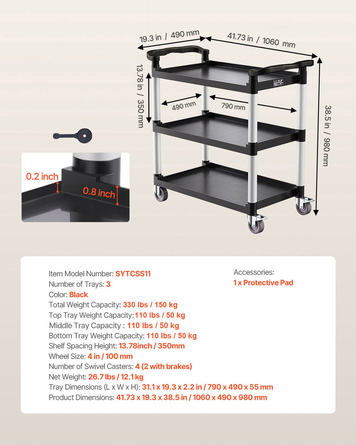 VEVOR Carrito Multiusos, Carga de 150 kg, Carrito Multiusos de Plástico 1060 x 490 x 980 mm de 3 Niveles con Ruedas Giratorias de 360° (2 con Frenos),  para Almacén, Restaurante, Cocina, Negro