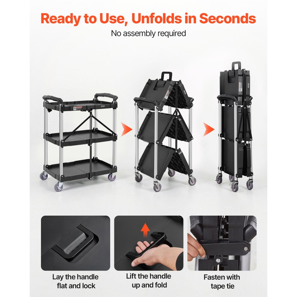 VEVOR Carro de Servicio 65x39x83 cm Carro de Transporte Utilitario Plegable 3 Estantes Capacidad Total 74,8 kg​ 25 kg​/Estante Ruedas Giratorias (2 con Frenos) para Garaje Herramientas Almacén Oficina