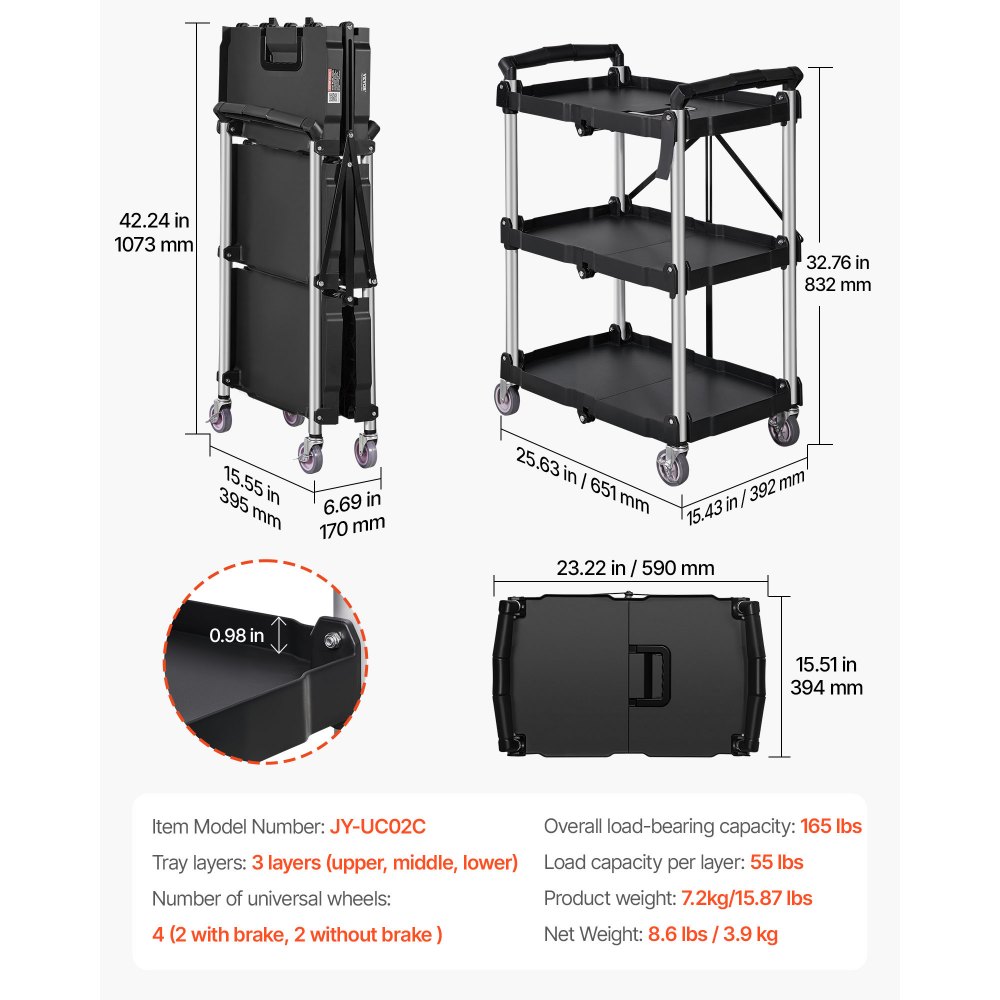 VEVOR Carro de Servicio 65x39x83 cm Carro de Transporte Utilitario Plegable 3 Estantes Capacidad Total 74,8 kg​ 25 kg​/Estante Ruedas Giratorias (2 con Frenos) para Garaje Herramientas Almacén Oficina