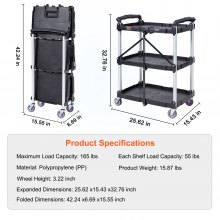 VEVOR Carro de Servicio 65x39x83 cm Carro de Transporte Utilitario Plegable 3 Estantes Capacidad Total 74,8 kg​ 25 kg​/Estante Ruedas Giratorias (2 con Frenos) para Garaje Herramientas Almacén Oficina