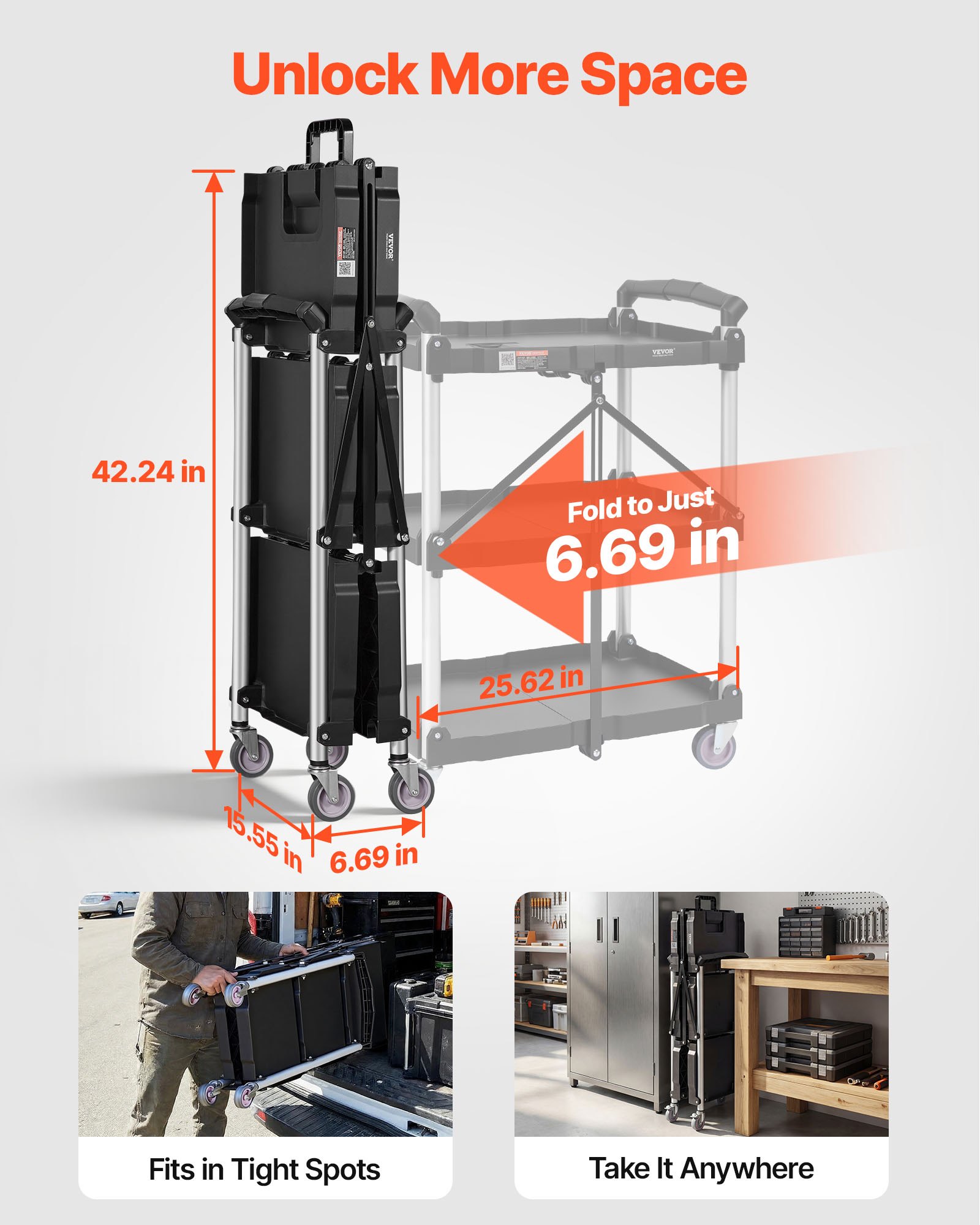 VEVOR Carro de Servicio 65x39x83 cm Carro de Transporte Utilitario Plegable 3 Estantes Capacidad Total 74,8 kg​ 25 kg​/Estante Ruedas Giratorias (2 con Frenos) para Garaje Herramientas Almacén Oficina
