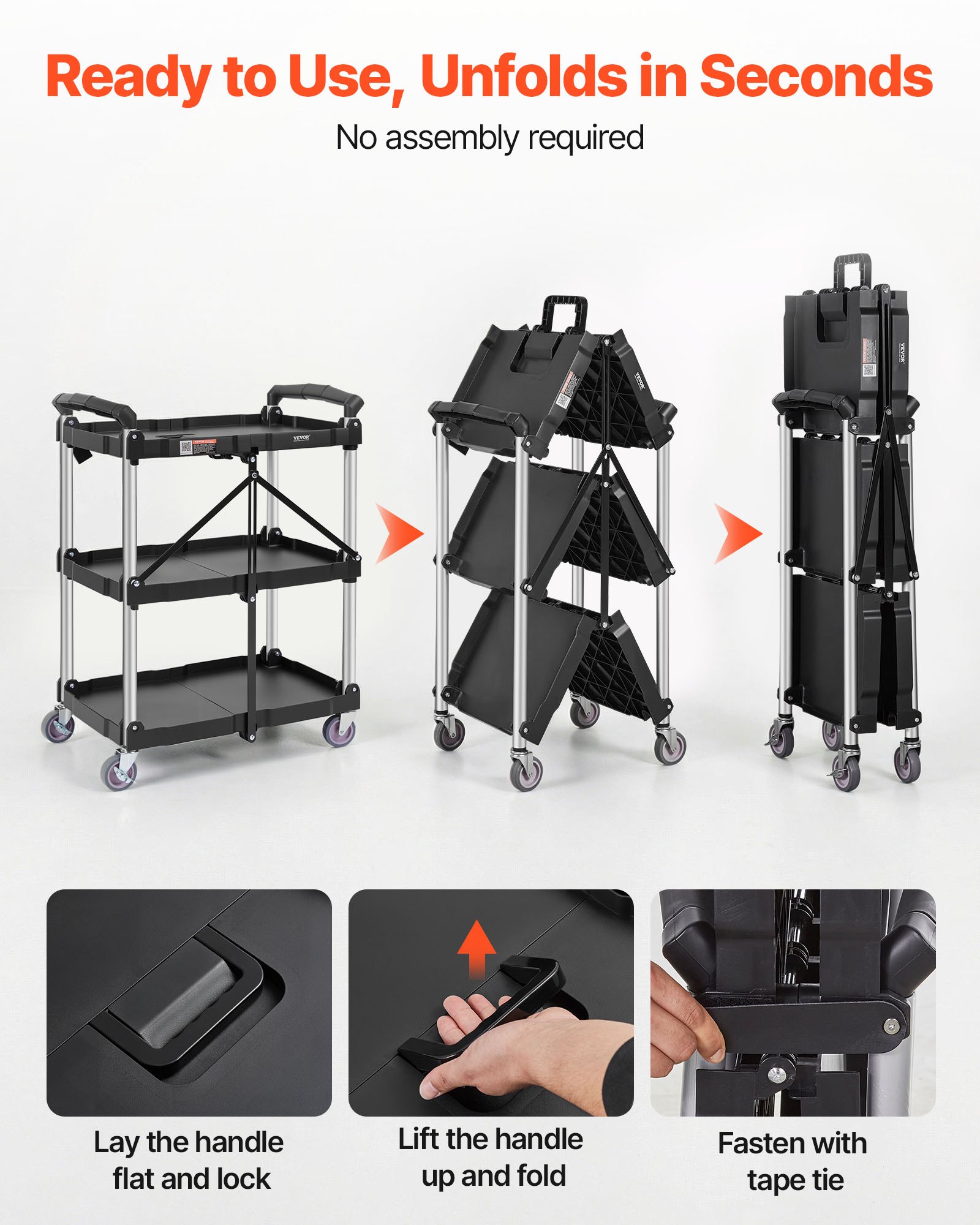 VEVOR Carro de Servicio 65x39x83 cm Carro de Transporte Utilitario Plegable 3 Estantes Capacidad Total 74,8 kg​ 25 kg​/Estante Ruedas Giratorias (2 con Frenos) para Garaje Herramientas Almacén Oficina