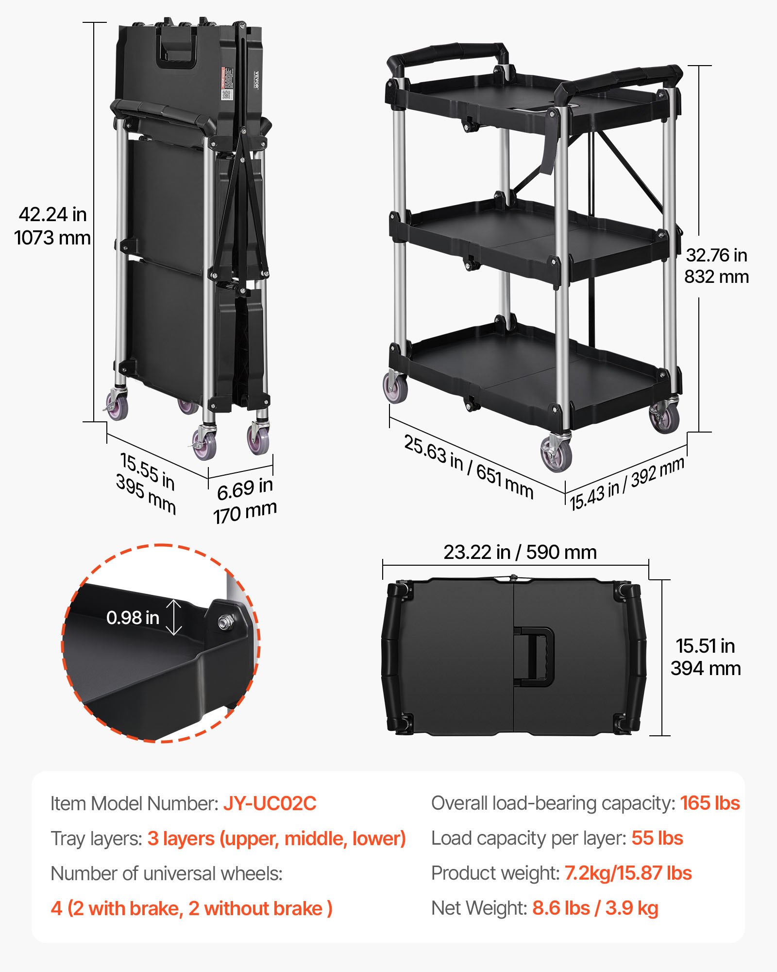 VEVOR Carro de Servicio 65x39x83 cm Carro de Transporte Utilitario Plegable 3 Estantes Capacidad Total 74,8 kg​ 25 kg​/Estante Ruedas Giratorias (2 con Frenos) para Garaje Herramientas Almacén Oficina