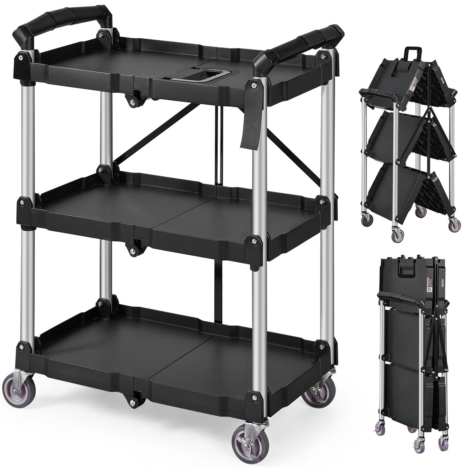 VEVOR Carro de Servicio 65x39x83 cm Carro de Transporte Utilitario Plegable 3 Estantes Capacidad Total 74,8 kg​ 25 kg​/Estante Ruedas Giratorias (2 con Frenos) para Garaje Herramientas Almacén Oficina