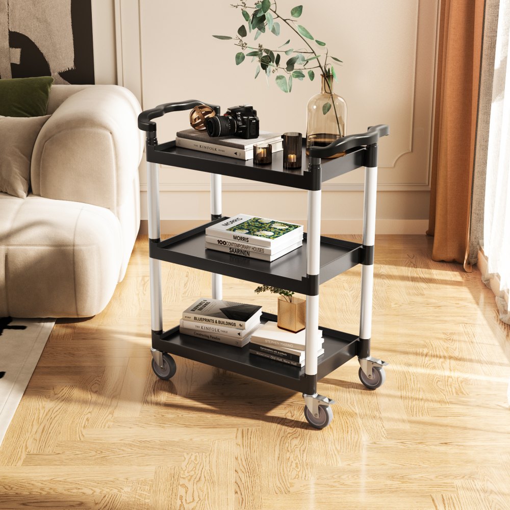 VEVOR Carrito Multiusos, Carga de 136 kg, Carrito Multiusos de Plástico 800 x 410 x 945 mm de 2 Niveles con Ruedas Giratorias de 360° (2 con Frenos),  para Almacén, Restaurante, Cocina, Negro