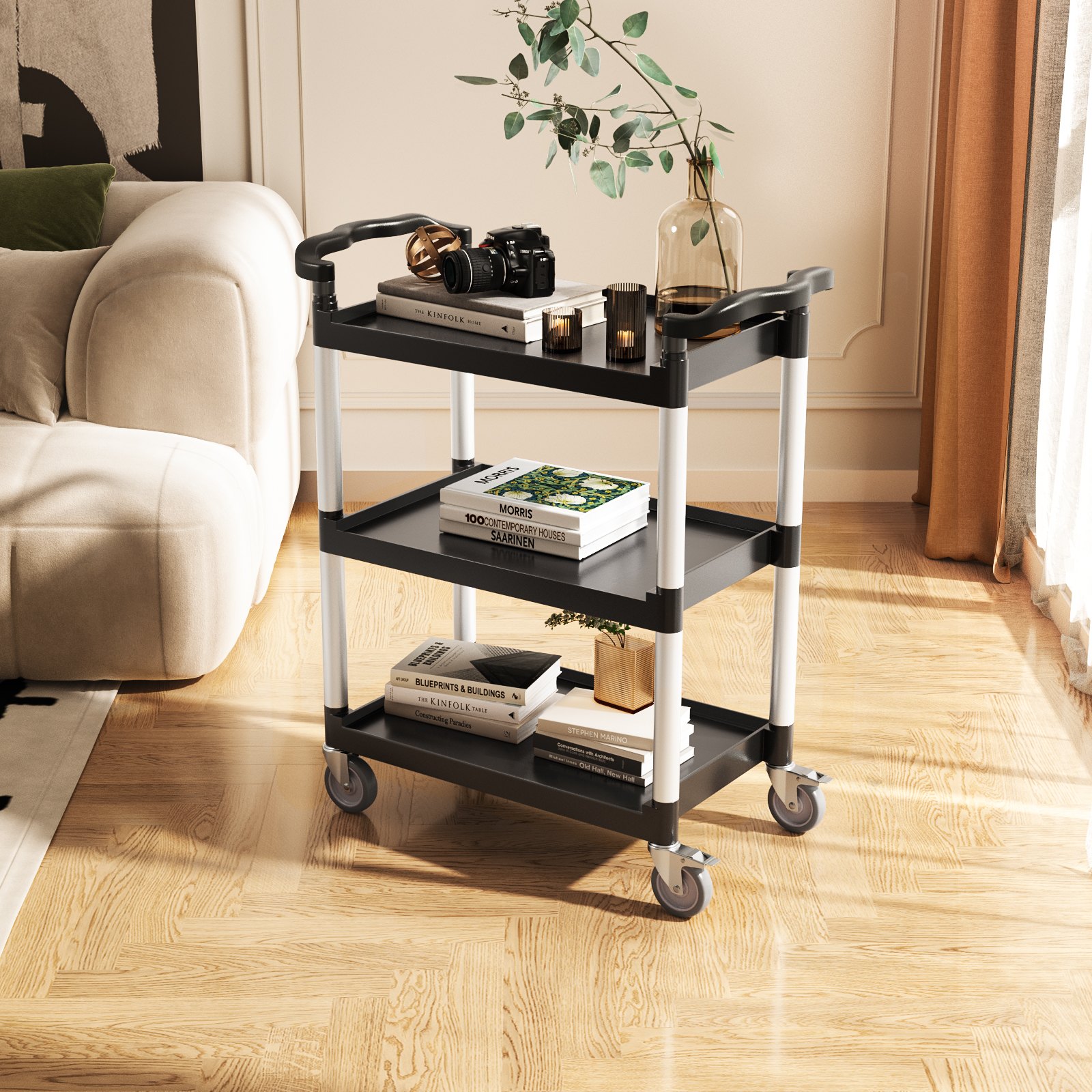 VEVOR Carrito Multiusos, Carga de 136 kg, Carrito Multiusos de Plástico 800 x 410 x 945 mm de 2 Niveles con Ruedas Giratorias de 360° (2 con Frenos),  para Almacén, Restaurante, Cocina, Negro