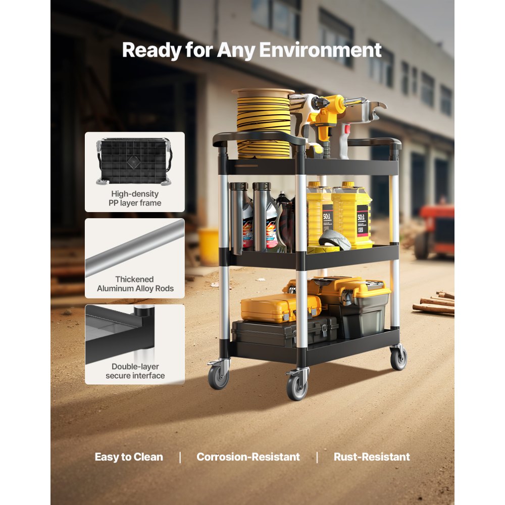 VEVOR Universal Trolley, 136 kg, 3-Tier Universal Trolley made of Plastic with 360° Swivel Wheels (2 with Brakes), 880x410x990 mm Large Serving Trolley for Warehouse, Office, Home, Restaurant, Kitchen
