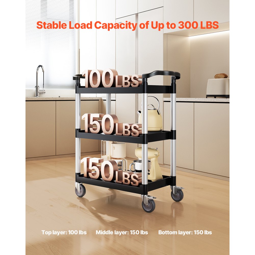 VEVOR Carrito Multiusos, Carga de 136 kg, Carrito Multiusos de Plástico 880 x 410 x 990 mm de 3 Niveles con Ruedas Giratorias de 360° (2 con Frenos),  para Almacén, Restaurante, Cocina, Negro