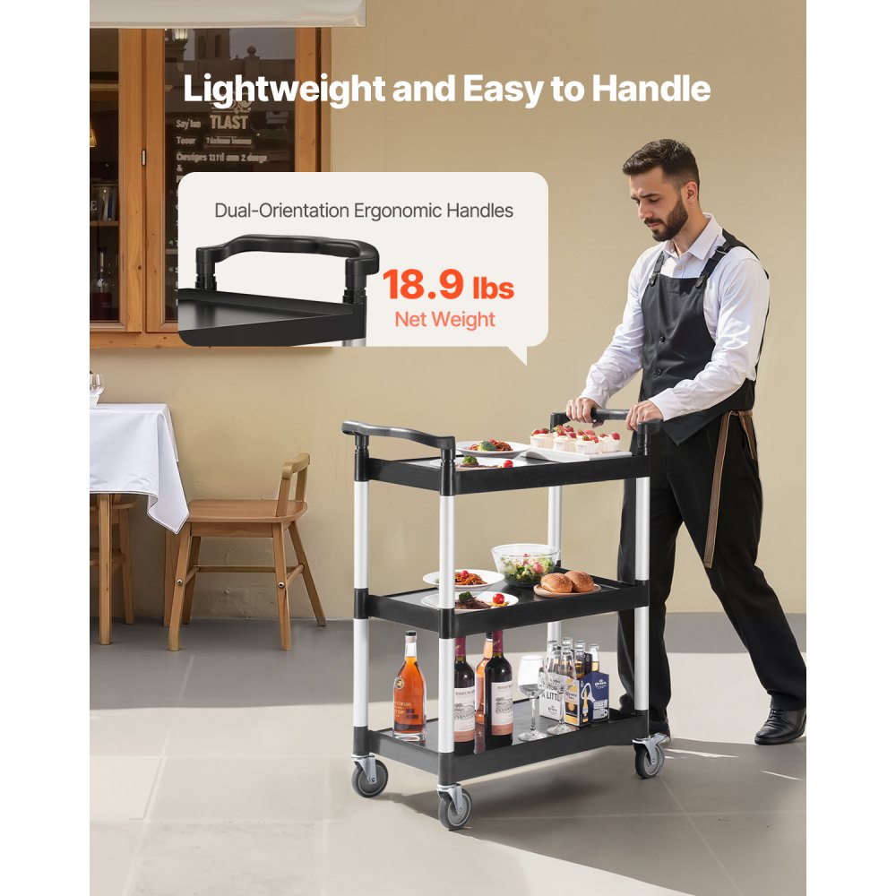 VEVOR Carrito Multiusos, Carga de 136 kg, Carrito Multiusos de Plástico 880 x 410 x 990 mm de 3 Niveles con Ruedas Giratorias de 360° (2 con Frenos),  para Almacén, Restaurante, Cocina, Negro
