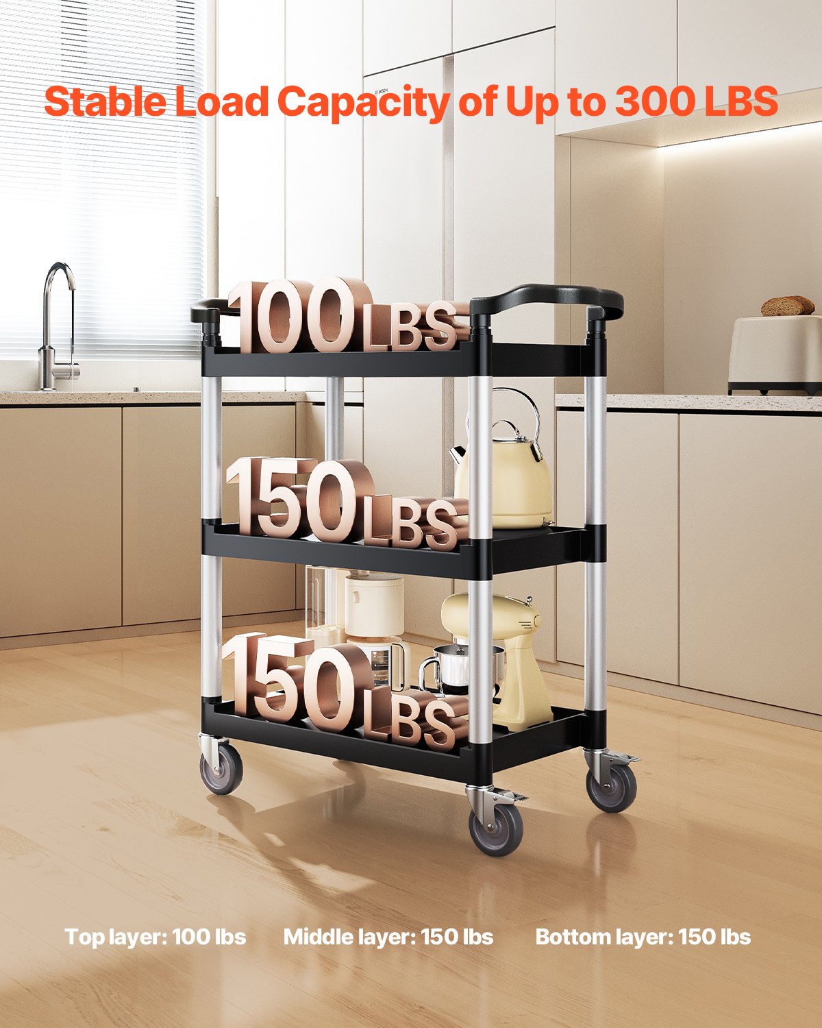 VEVOR Carrito Multiusos, Carga de 136 kg, Carrito Multiusos de Plástico 880 x 410 x 990 mm de 3 Niveles con Ruedas Giratorias de 360° (2 con Frenos),  para Almacén, Restaurante, Cocina, Negro