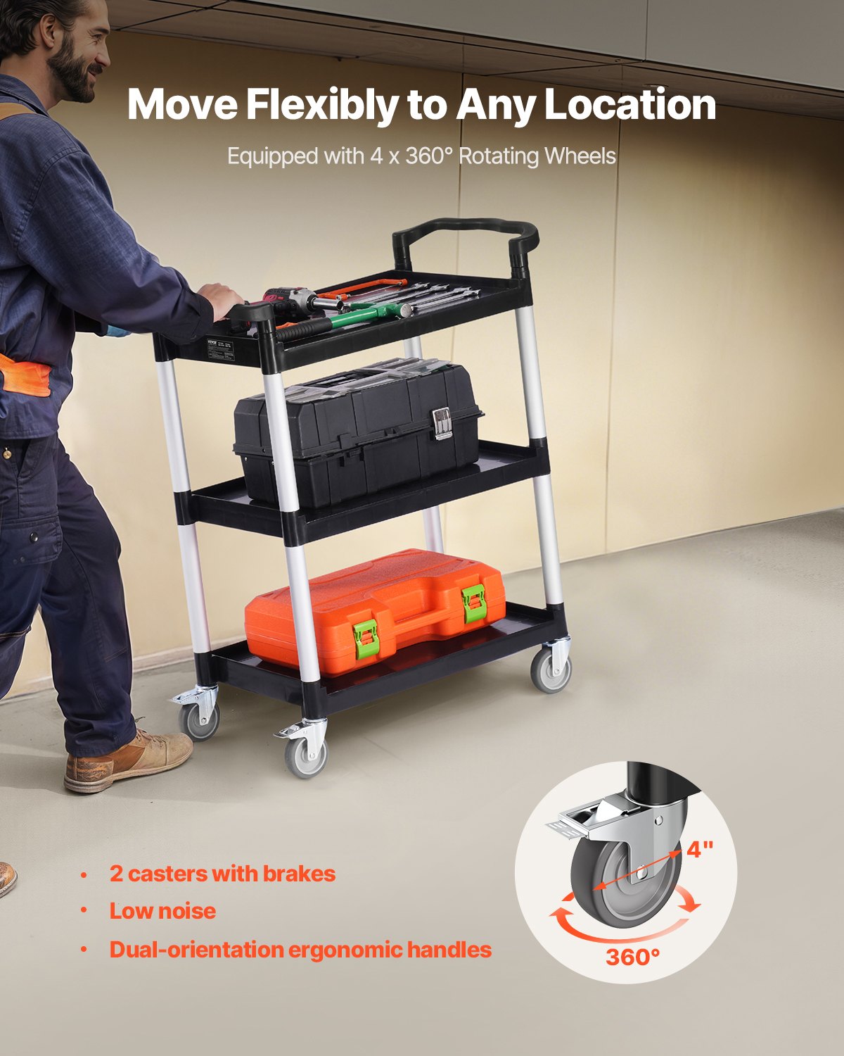 VEVOR Carrito Multiusos, Carga de 136 kg, Carrito Multiusos de Plástico 880 x 410 x 990 mm de 3 Niveles con Ruedas Giratorias de 360° (2 con Frenos),  para Almacén, Restaurante, Cocina, Negro