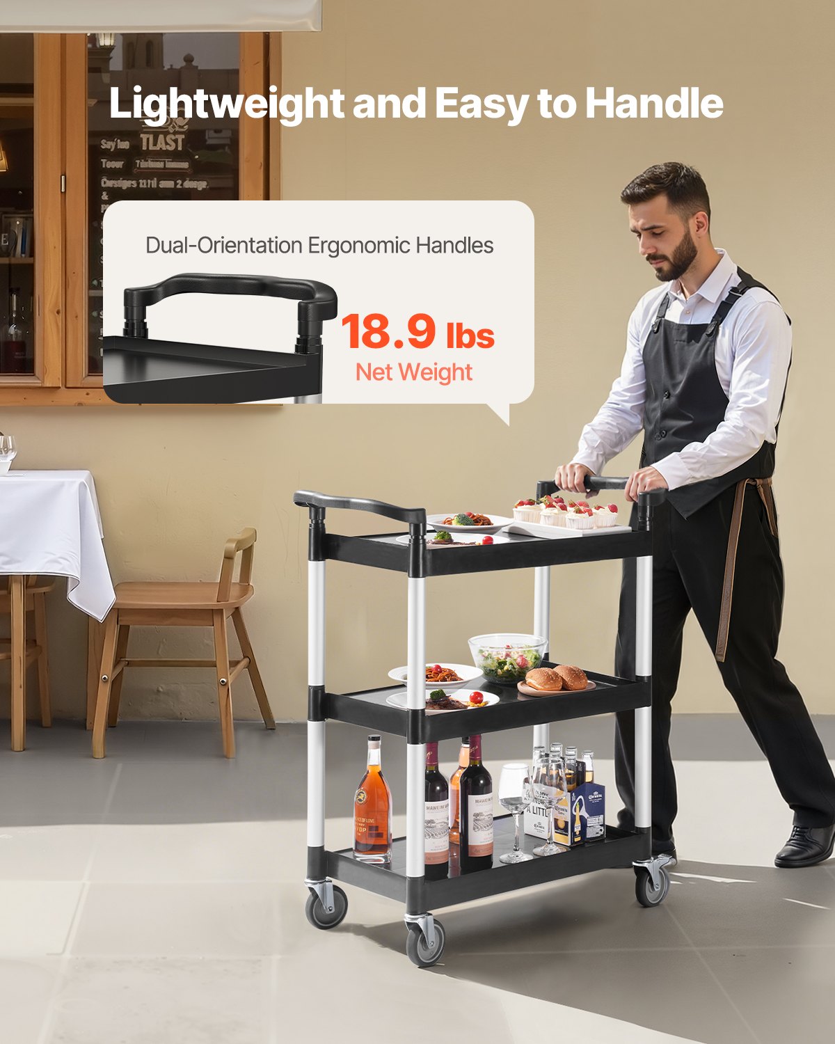 VEVOR Carrito Multiusos, Carga de 136 kg, Carrito Multiusos de Plástico 880 x 410 x 990 mm de 3 Niveles con Ruedas Giratorias de 360° (2 con Frenos),  para Almacén, Restaurante, Cocina, Negro