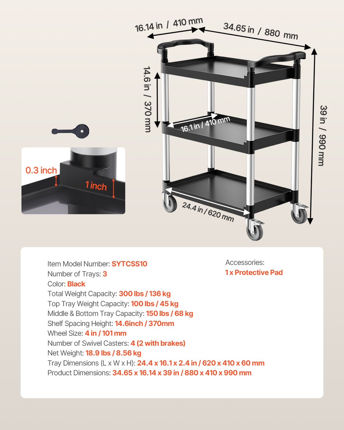 VEVOR Carrito Multiusos, Carga de 136 kg, Carrito Multiusos de Plástico 880 x 410 x 990 mm de 3 Niveles con Ruedas Giratorias de 360° (2 con Frenos),  para Almacén, Restaurante, Cocina, Negro
