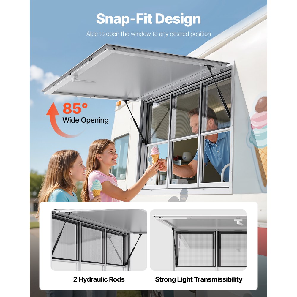 VEVOR Concession Window 152x92 cm, Aluminum Alloy Service Window for Food Truck, Up to 85 Degrees Stand Serving Window with 6 Sliding Windows, Awning Door, and Drag Hook, for Concession Trailers