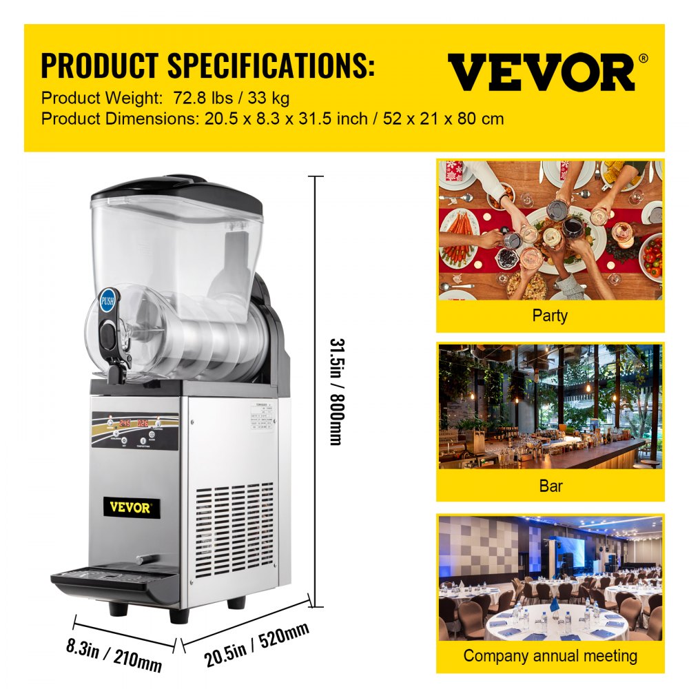 VEVOR Máquina para Hacer Granizados Comercial 15L 500W Máquina de Granizado de Hielo Comercial 16°F a 32°F Máquina para Granizada Slush Helado Control de Tanque Separado Pantalla de Luz Bajo Ruido