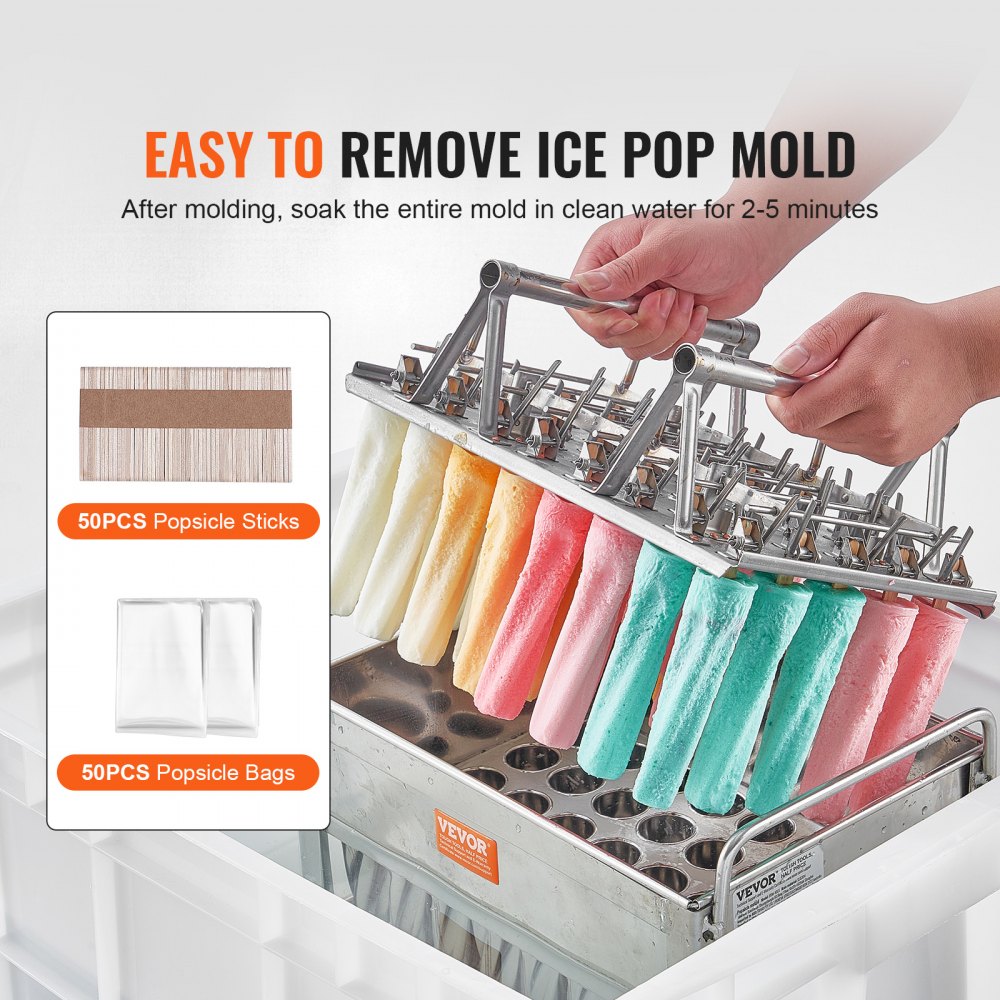 VEVOR Commercial Popsicle Molds, 40-Piece Cylindrical Popsicle Molds, Stainless Steel Mold Holder for Ice Cream Machine with 50 Popsicle Sticks and Bags (Individual Mold Set - 40 Pieces)