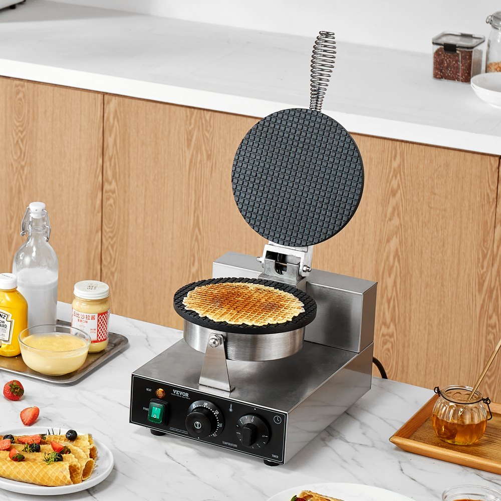 VEVOR Máquina Eléctrica para Hacer Conos de Helado, 1230 W, Molde Antiadherente para Rollitos de Huevo de Acero Inoxidable, con Control de Temperatura y Tiempo, Asa, para Restaurantes, Panaderías