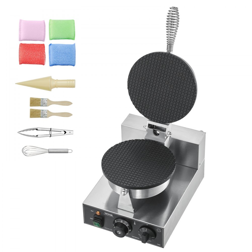 VEVOR Máquina Eléctrica para Hacer Conos de Helado, 1230 W, Molde Antiadherente para Rollitos de Huevo de Acero Inoxidable, con Control de Temperatura y Tiempo, Asa, para Restaurantes, Panaderías