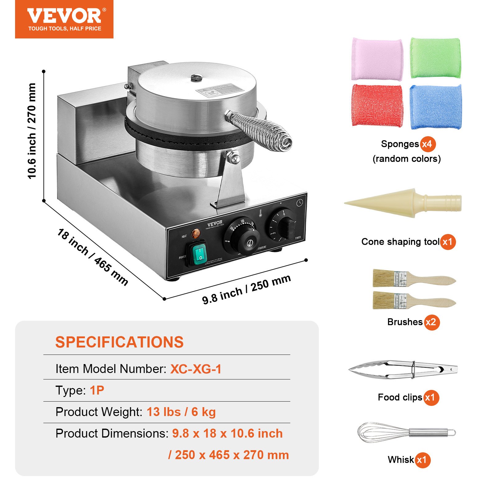 VEVOR Máquina Eléctrica para Hacer Conos de Helado, 1230 W, Molde Antiadherente para Rollitos de Huevo de Acero Inoxidable, con Control de Temperatura y Tiempo, Asa, para Restaurantes, Panaderías