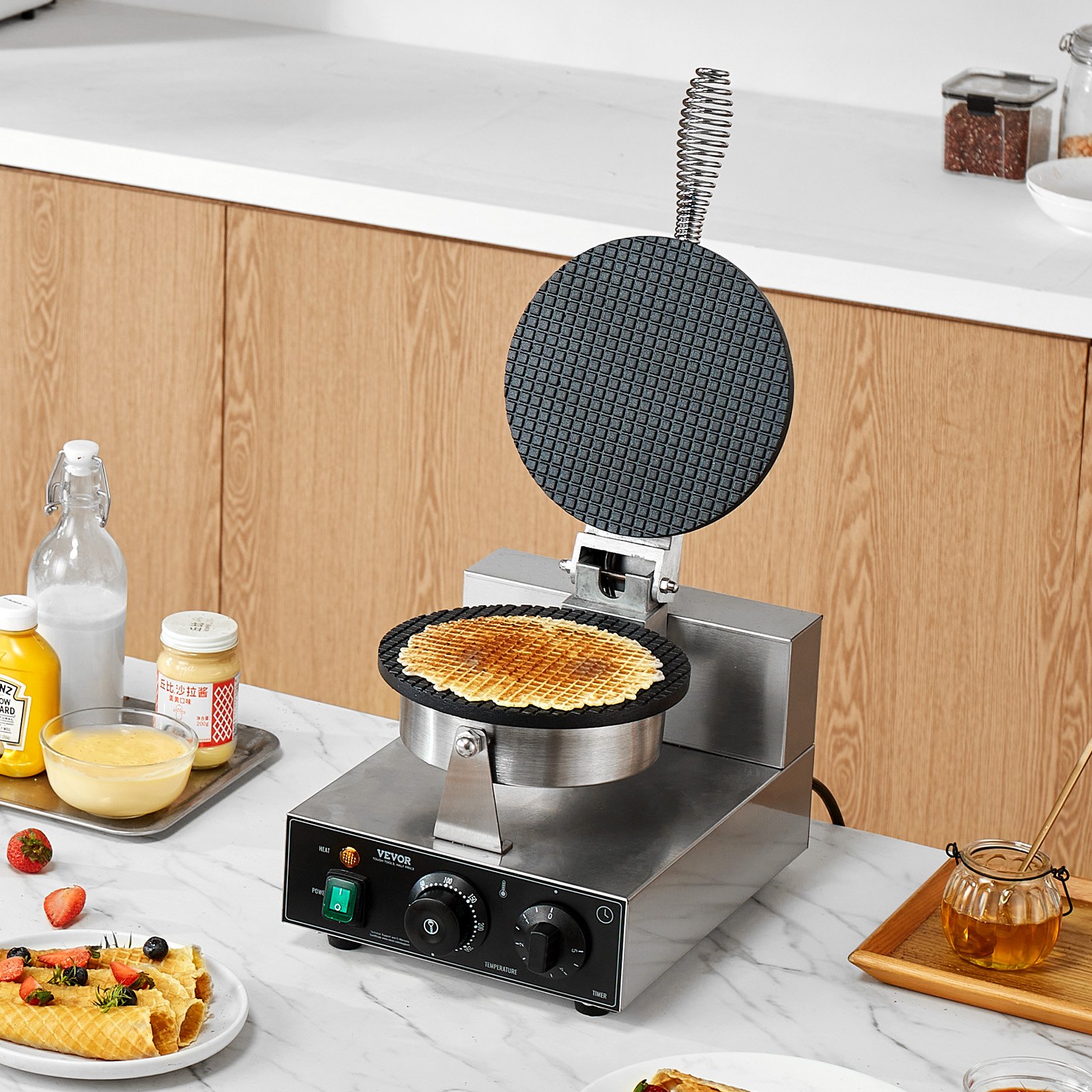VEVOR Máquina Eléctrica para Hacer Conos de Helado, 1230 W, Molde Antiadherente para Rollitos de Huevo de Acero Inoxidable, con Control de Temperatura y Tiempo, Asa, para Restaurantes, Panaderías