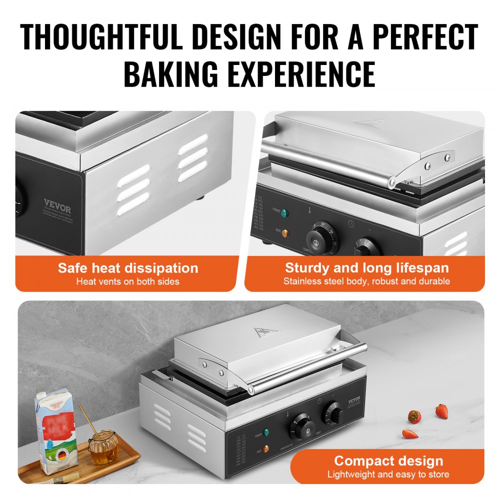 VEVOR 1550 W 10 PCS Máquina para Hacer Gofres Comerciales  Máquina para Hacer Gofres Rectangulares Plancha para Gofres Belgas de Acero Inoxidable Antiadherente con Control de Temperatura y Tiempo, Asa