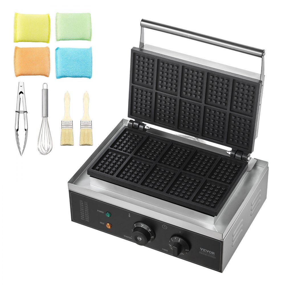 VEVOR 1550 W 10 PCS Máquina para Hacer Gofres Comerciales  Máquina para Hacer Gofres Rectangulares Plancha para Gofres Belgas de Acero Inoxidable Antiadherente con Control de Temperatura y Tiempo, Asa