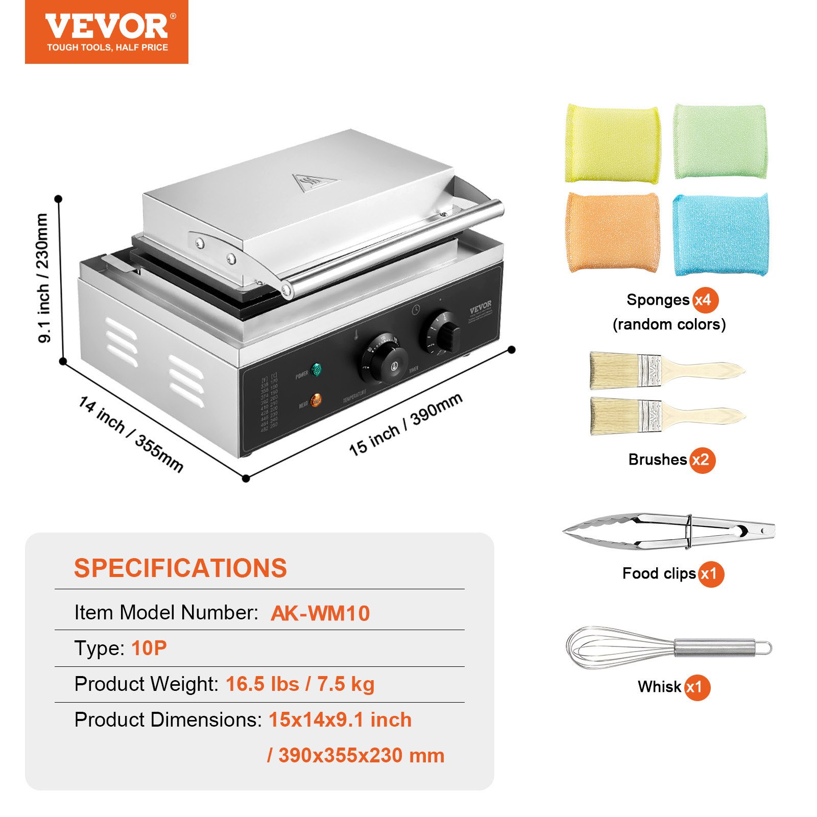 VEVOR 1550 W 10 PCS Máquina para Hacer Gofres Comerciales  Máquina para Hacer Gofres Rectangulares Plancha para Gofres Belgas de Acero Inoxidable Antiadherente con Control de Temperatura y Tiempo, Asa