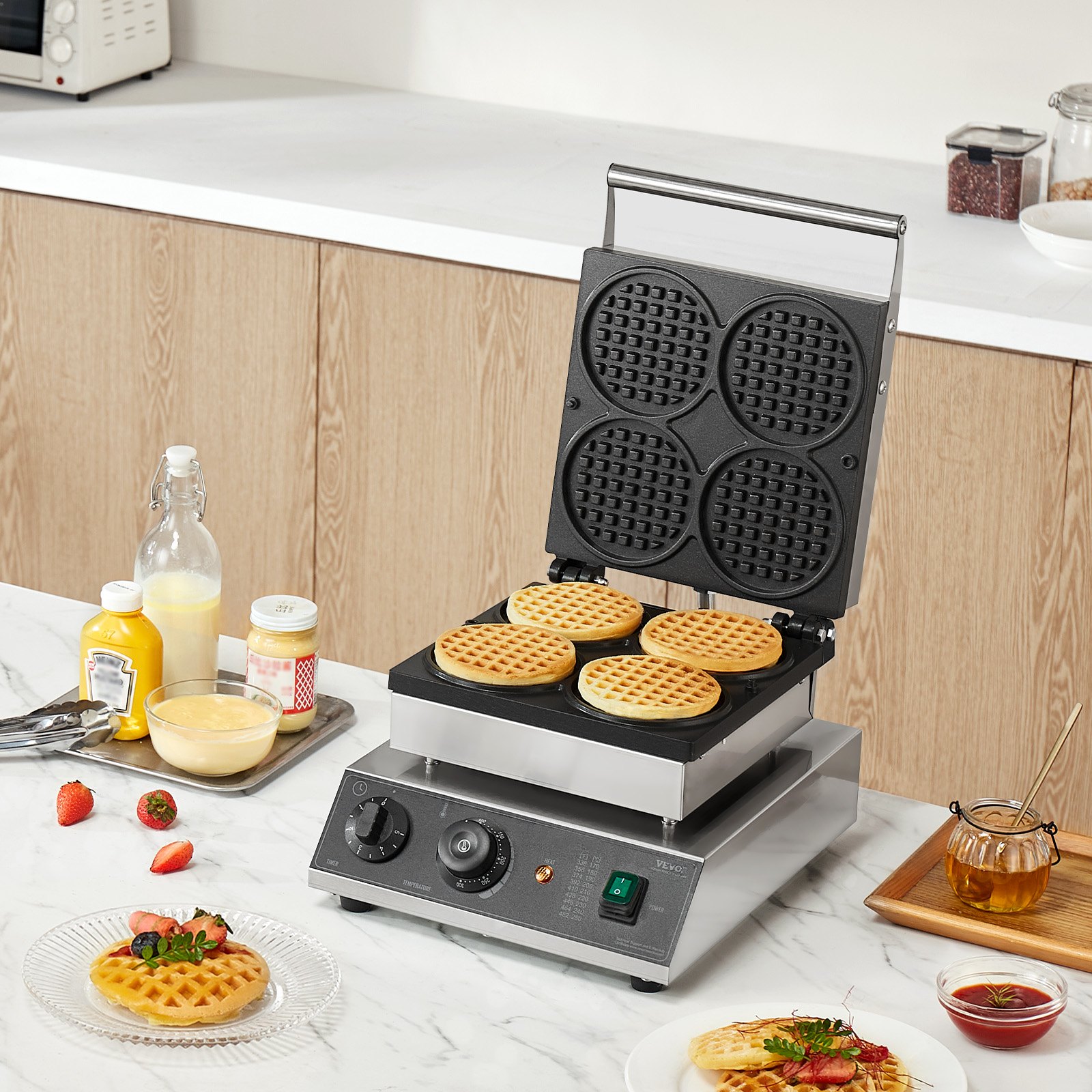 VEVOR Máquina para hacer gofres comerciales, 4 piezas, máquina para hacer gofres redondos, plancha para gofres belgas de acero inoxidable antiadherente de 1750 W con control de temperatura y tiempo, para restaurantes, panaderías, bares y familias