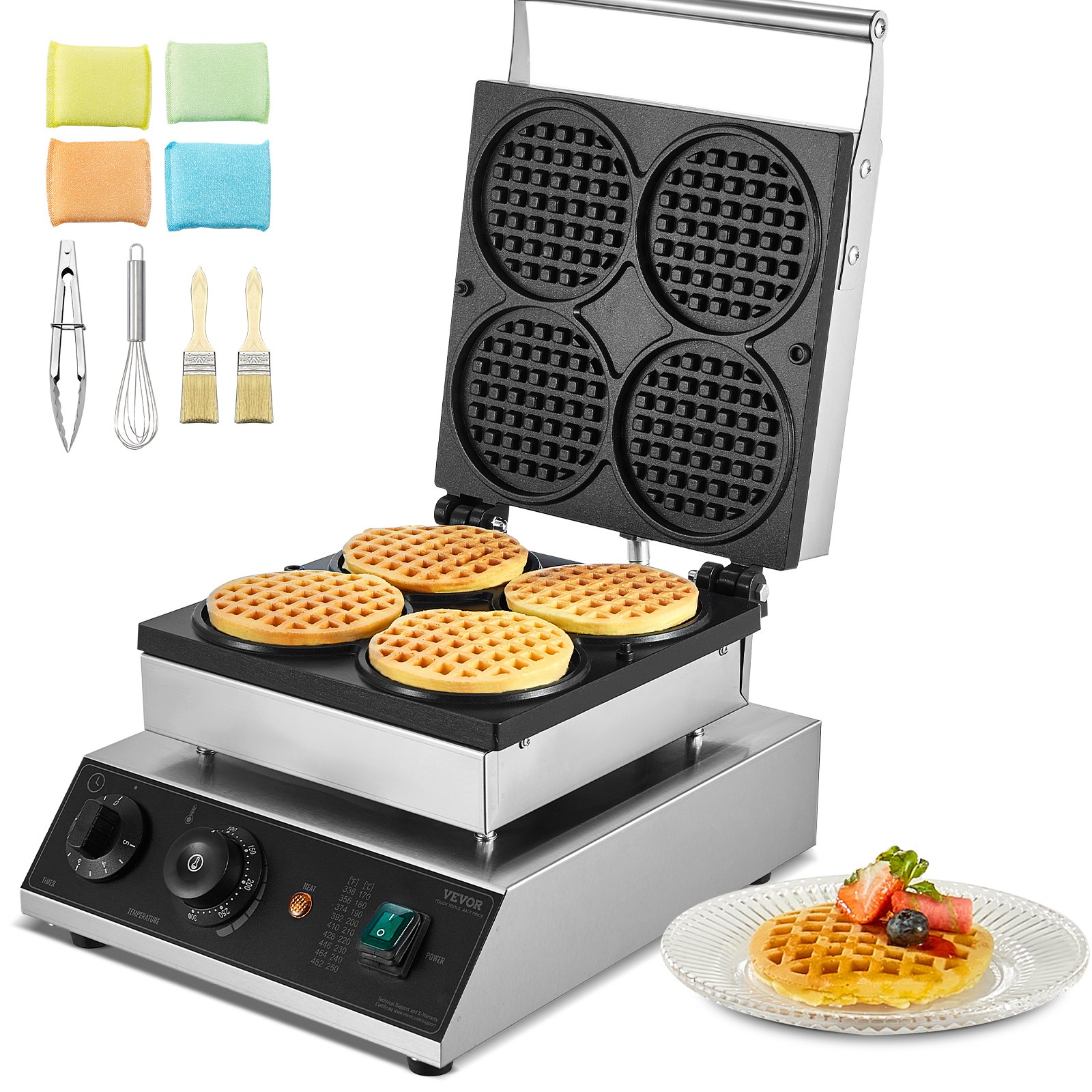 VEVOR Máquina para hacer gofres comerciales, 4 piezas, máquina para hacer gofres redondos, plancha para gofres belgas de acero inoxidable antiadherente de 1750 W con control de temperatura y tiempo, para restaurantes, panaderías, bares y familias