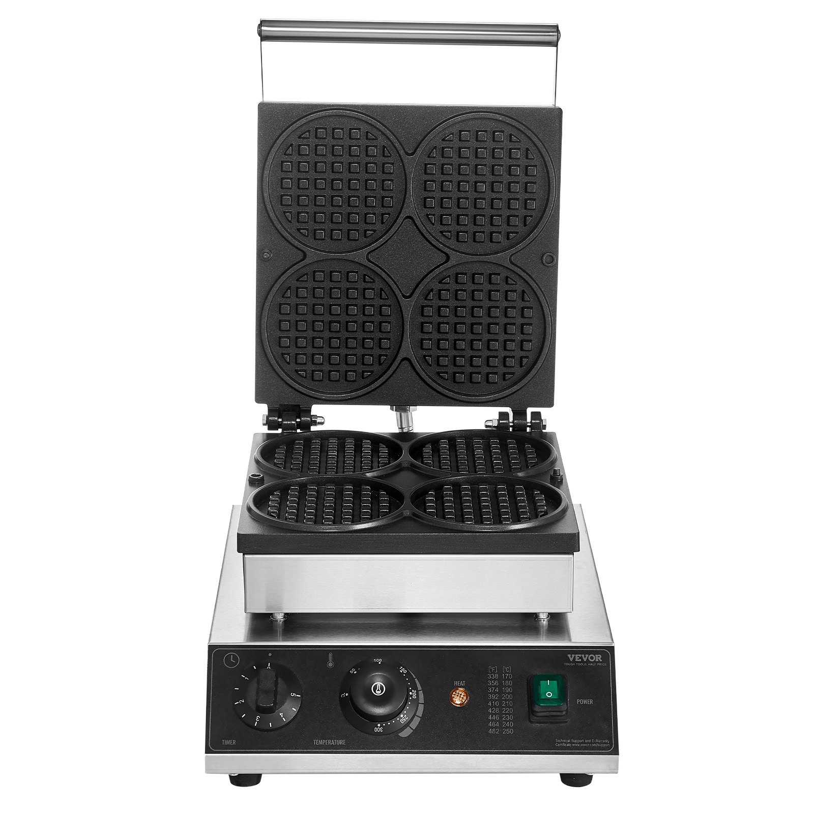 VEVOR Máquina para hacer gofres comerciales, 4 piezas, máquina para hacer gofres redondos, plancha para gofres belgas de acero inoxidable antiadherente de 1750 W con control de temperatura y tiempo, para restaurantes, panaderías, bares y familias