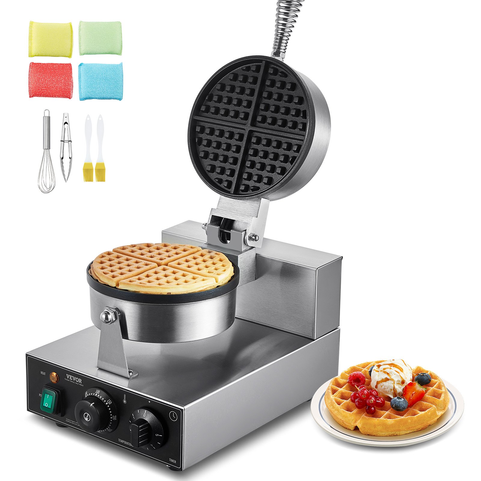 VEVOR Máquina para Hacer Gofres Redondos 1230 W, de Acero Inoxidable Antiadherente, con Control de Temperatura y Tiempo, Asa, para Restaurantes, Panaderías, Bares y Familias, 250 x 465 x 280 mm