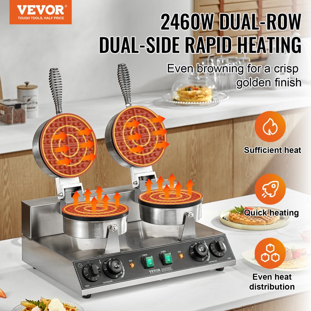 VEVOR Máquina para hacer gofres comerciales, máquina para hacer gofres redondos de doble cabezal, plancha para gofres belgas de acero inoxidable antiadherente de 2460 W con control de temperatura y tiempo, asa, para restaurantes, panaderías, bares y familias