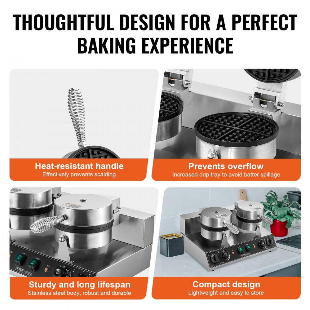 VEVOR Máquina para hacer gofres comerciales, máquina para hacer gofres redondos de doble cabezal, plancha para gofres belgas de acero inoxidable antiadherente de 2460 W con control de temperatura y tiempo, asa, para restaurantes, panaderías, bares y familias